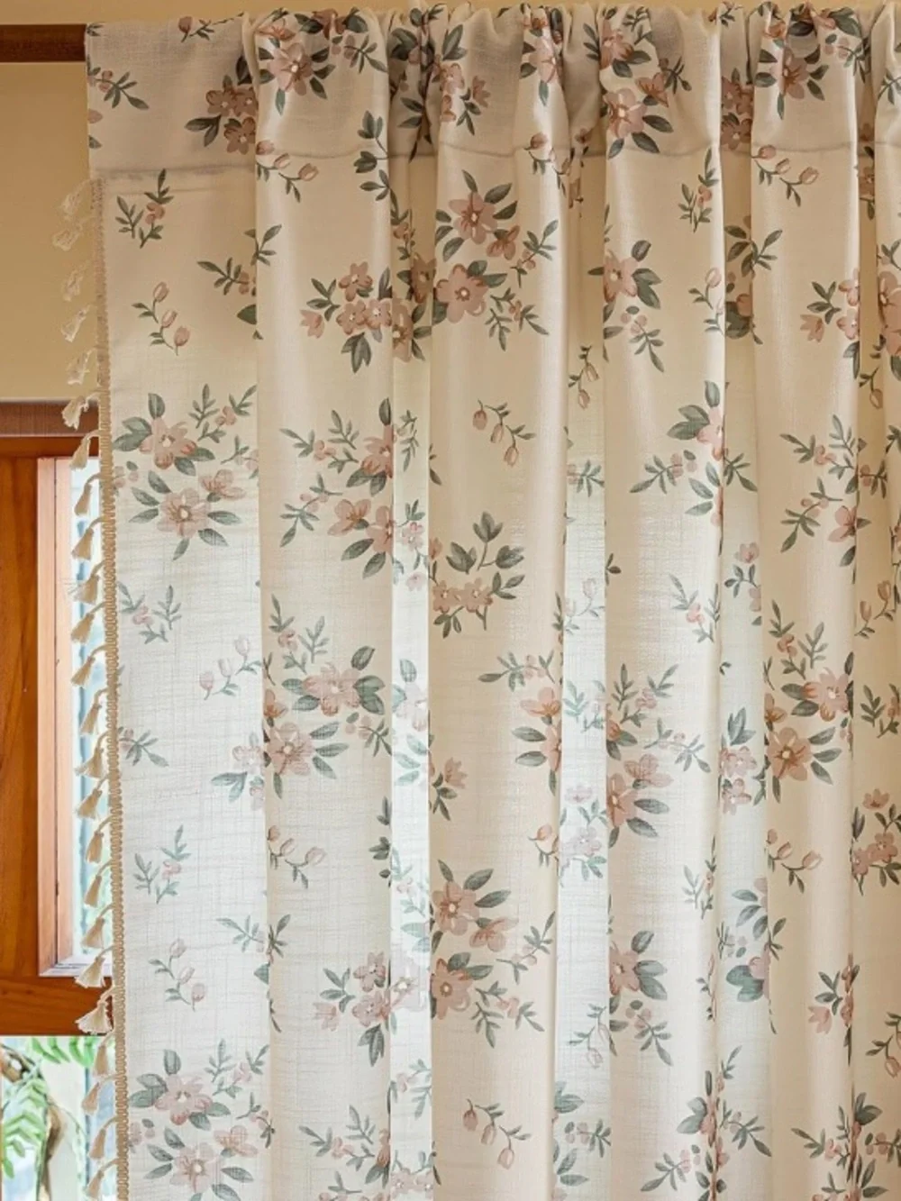 Floral Sheer Window Curtain Drapes in Cream Floral Rose- Home Accents 52W
